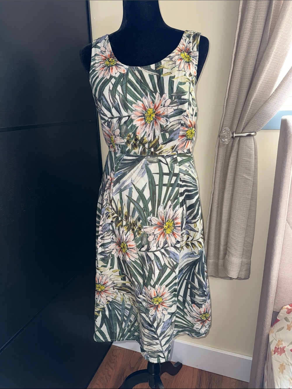 Floral Tropical A-Line Sundress in Green and Pink
